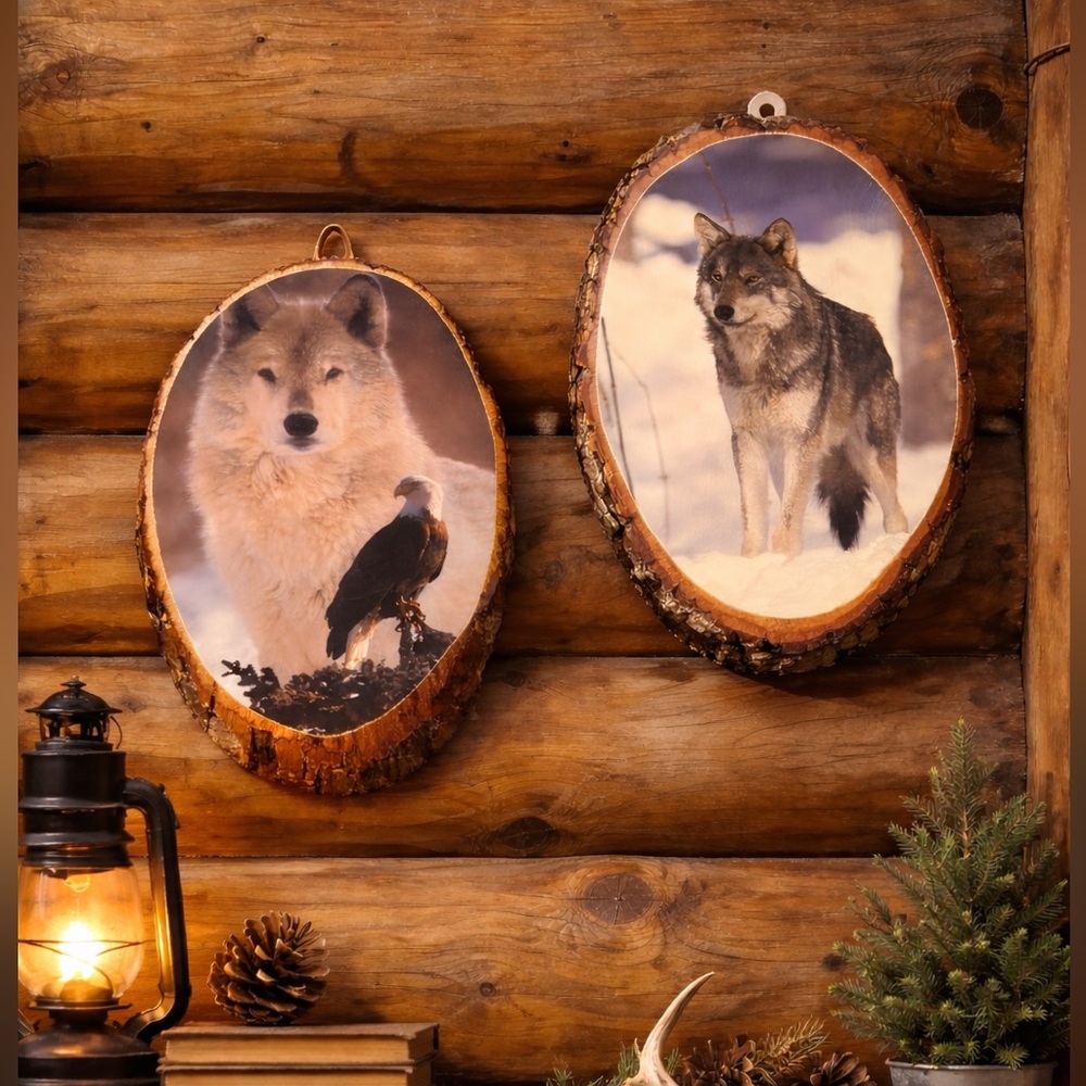 Vintage Wolf Wood Slice Wall Plaques Set Ponderosa Ranch Carlsbad Caverns Cabin